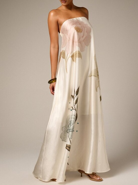 Dresses & Skirts - Multicolor Party Women's Elegant Strapless Floral Satin Maxi Dress